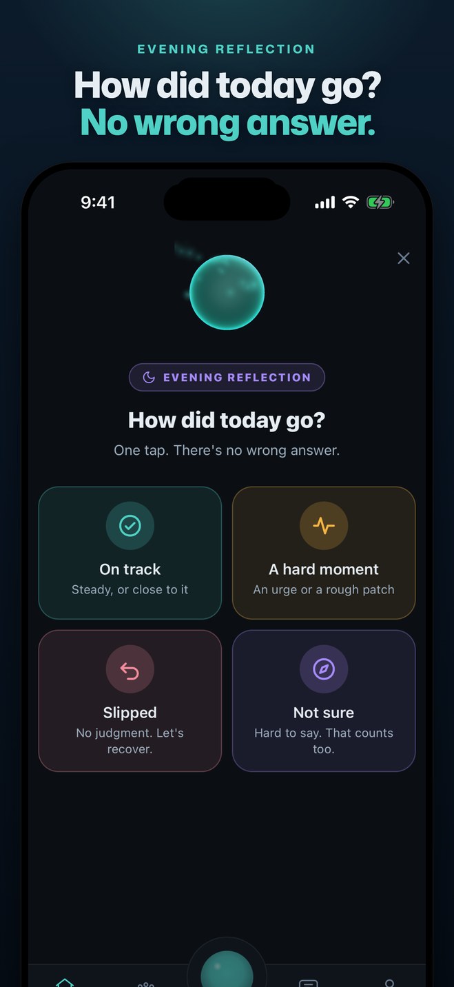 Evening reflection: how did today go, answered in one tap with no wrong answer