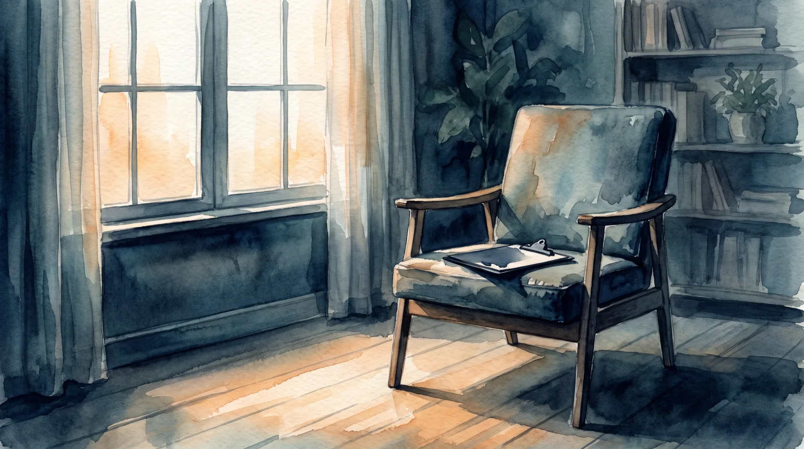A clinician's empty consultation chair beside a window in soft morning light, a clipboard resting face down on the seat. Watercolor illustration in deep navy and teal tones.