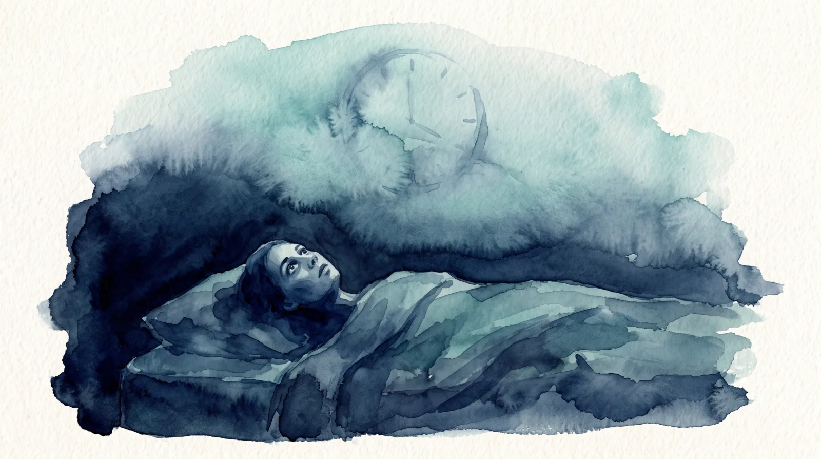 A figure lies awake in the dark, seen from above, the ceiling above them dissolving into a pale teal wash where a faint clock face bleeds into the paper. Watercolor illustration in deep navy and teal tones.