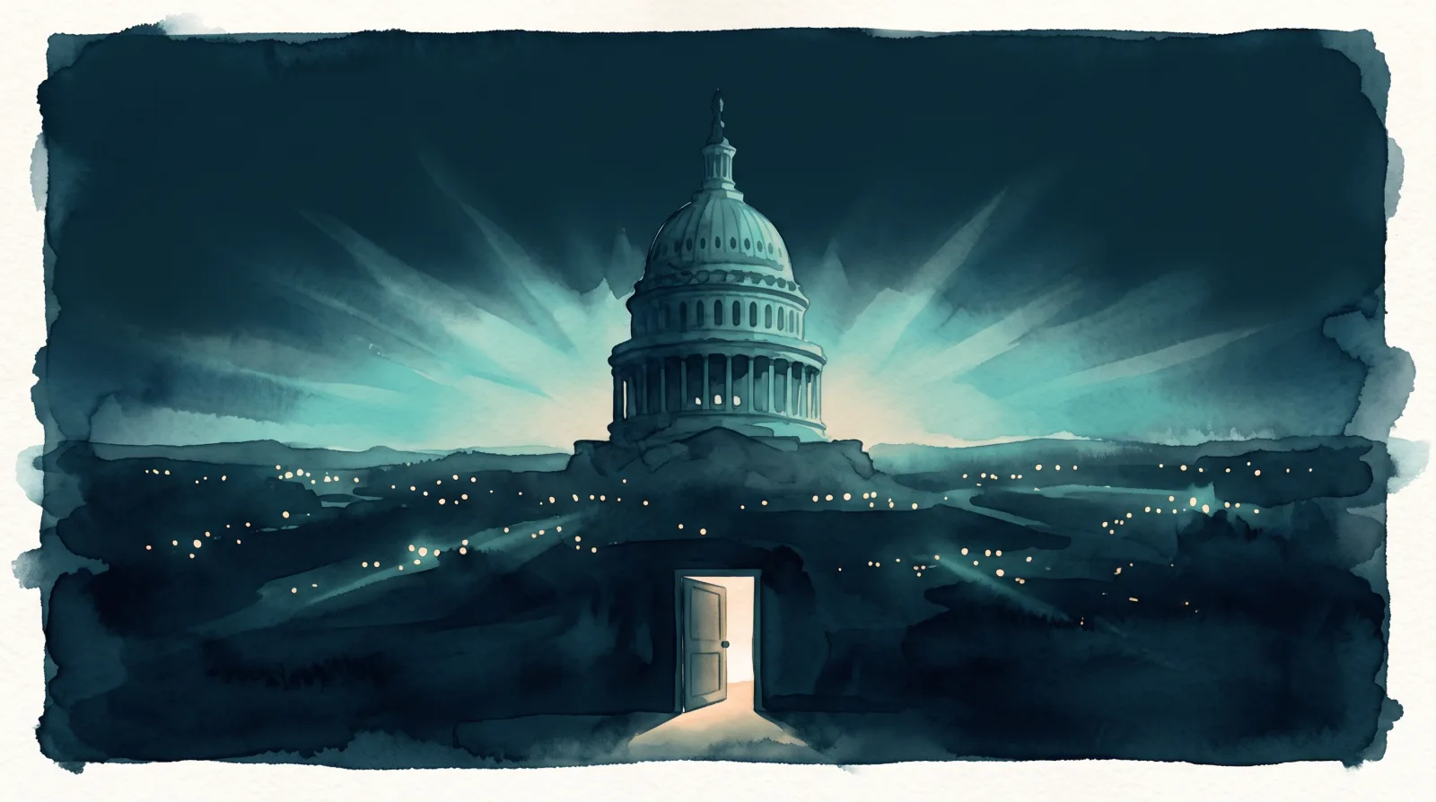 A statehouse dome silhouetted against a deep navy night sky, teal light spreading outward across scattered points of light that read as towns. In the foreground, a single door stands ajar with warm light spilling through it. Watercolor illustration in deep navy and teal tones.