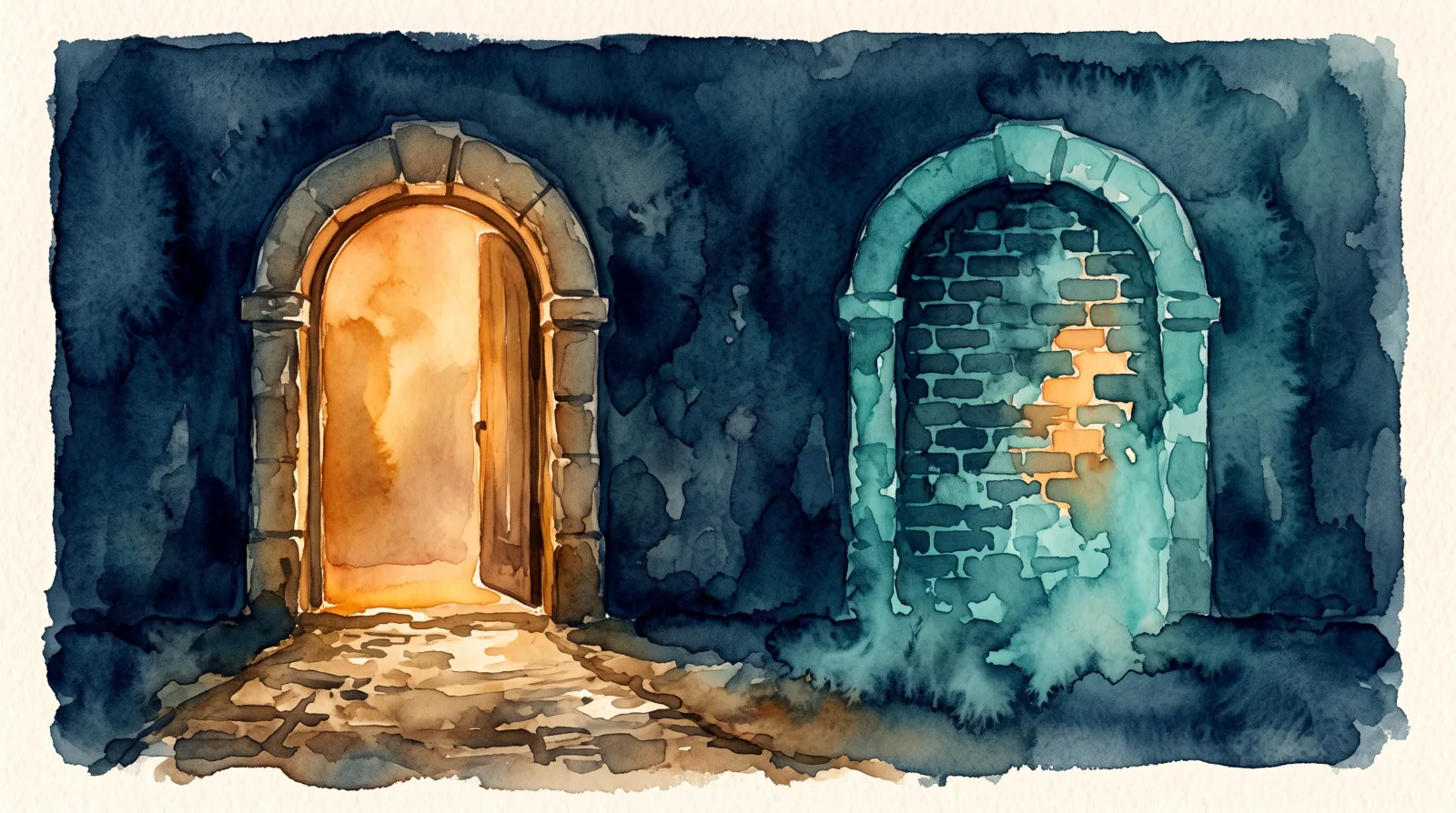Two identical stone doorways in a dark navy wall. The left one stands open with warm amber light pouring out onto a worn path. The right one has been bricked over, and the brickwork is dissolving into teal watercolor as the first light comes through. Watercolor illustration in deep navy and teal tones.