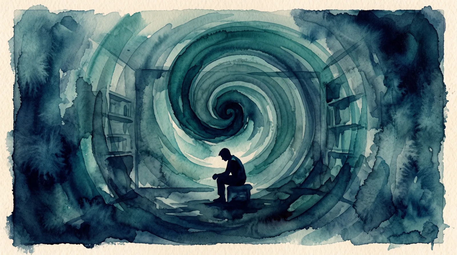 A lone figure sits absorbed while the room around them spirals inward as a slow teal vortex, the edges pulled into a blur. Watercolor illustration in deep navy and teal tones.