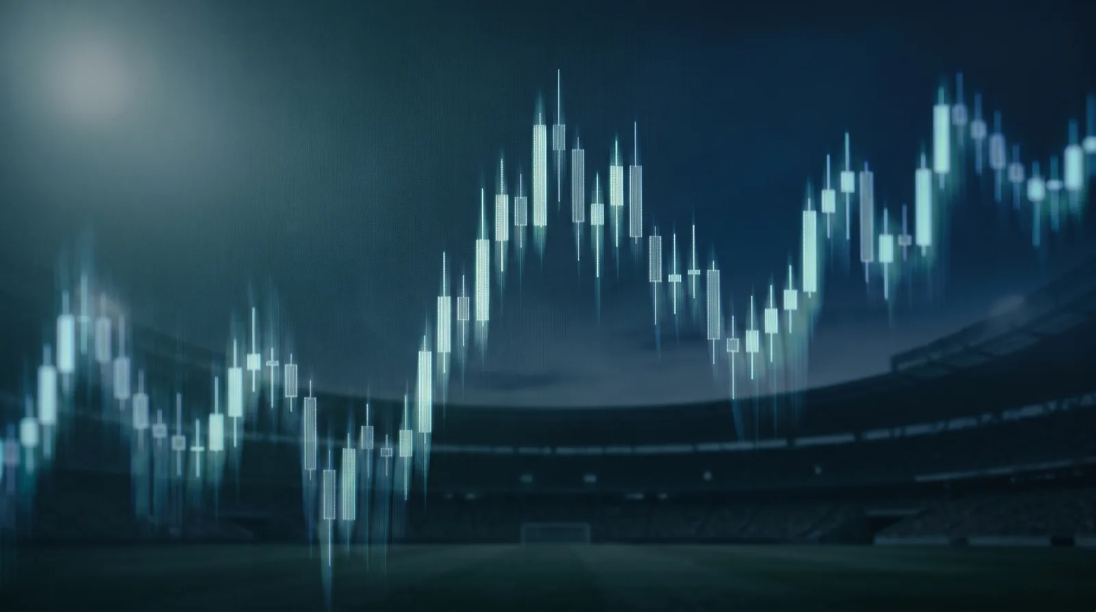 A glowing financial candlestick chart dissolving into the silhouette of a night stadium, in deep teal and navy tones.