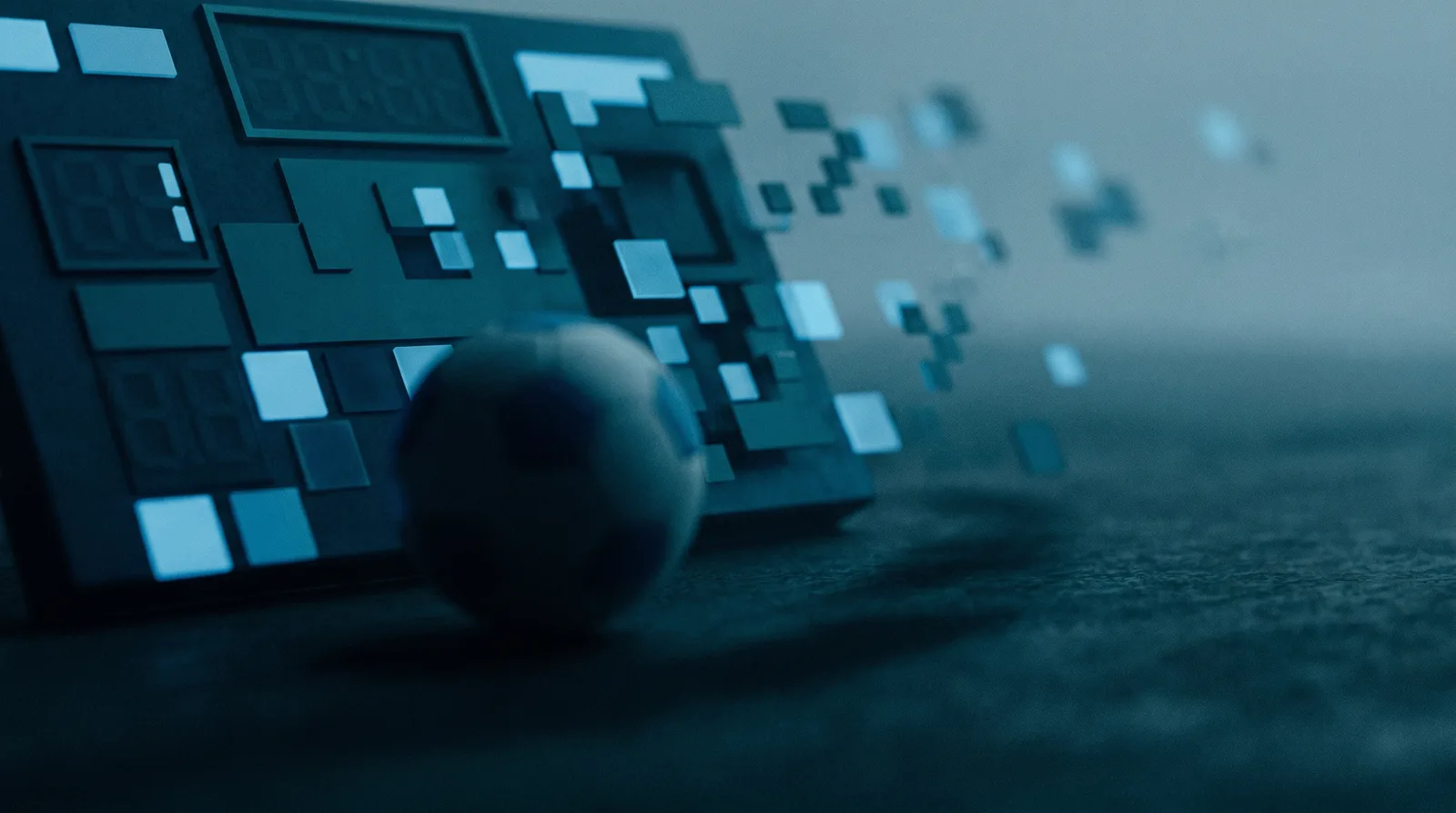 A dim stadium scoreboard fragmenting into drifting geometric pieces above a ball resting in shadow, in deep teal and navy tones.