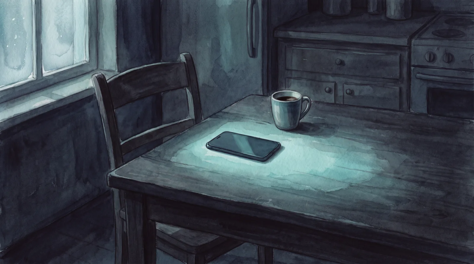 A phone face-down on a kitchen table at night, screen glow leaking around its edges, a chair pushed back and empty. Watercolor illustration in deep navy and teal tones.