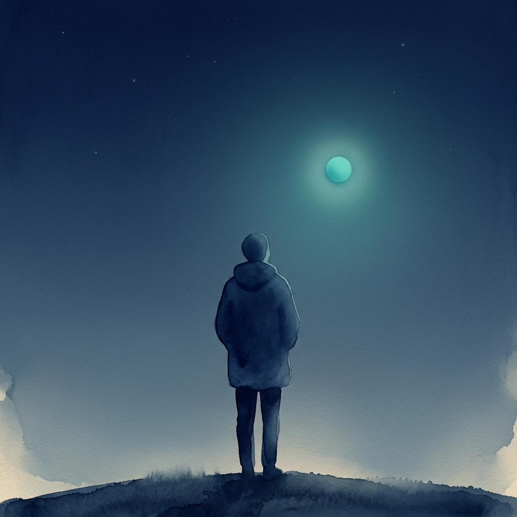 A figure looking out toward a distant glowing orb at dusk