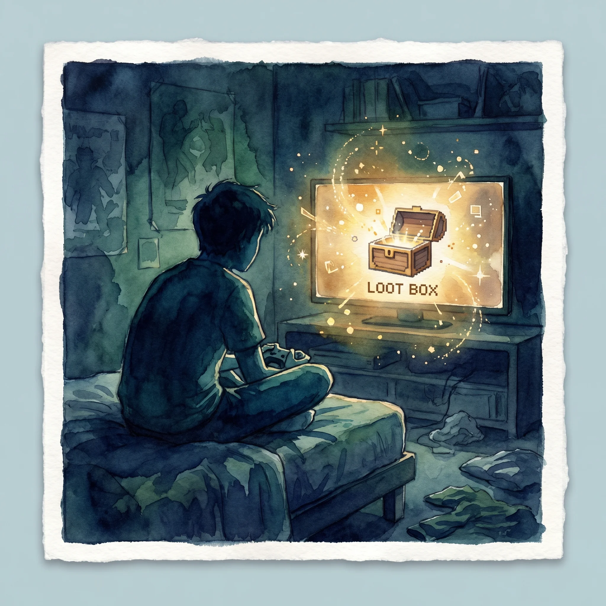A teenager sits on his bed at night, silhouetted, lit by a TV screen glowing with a video game loot box reveal. Watercolor illustration in navy and teal tones.