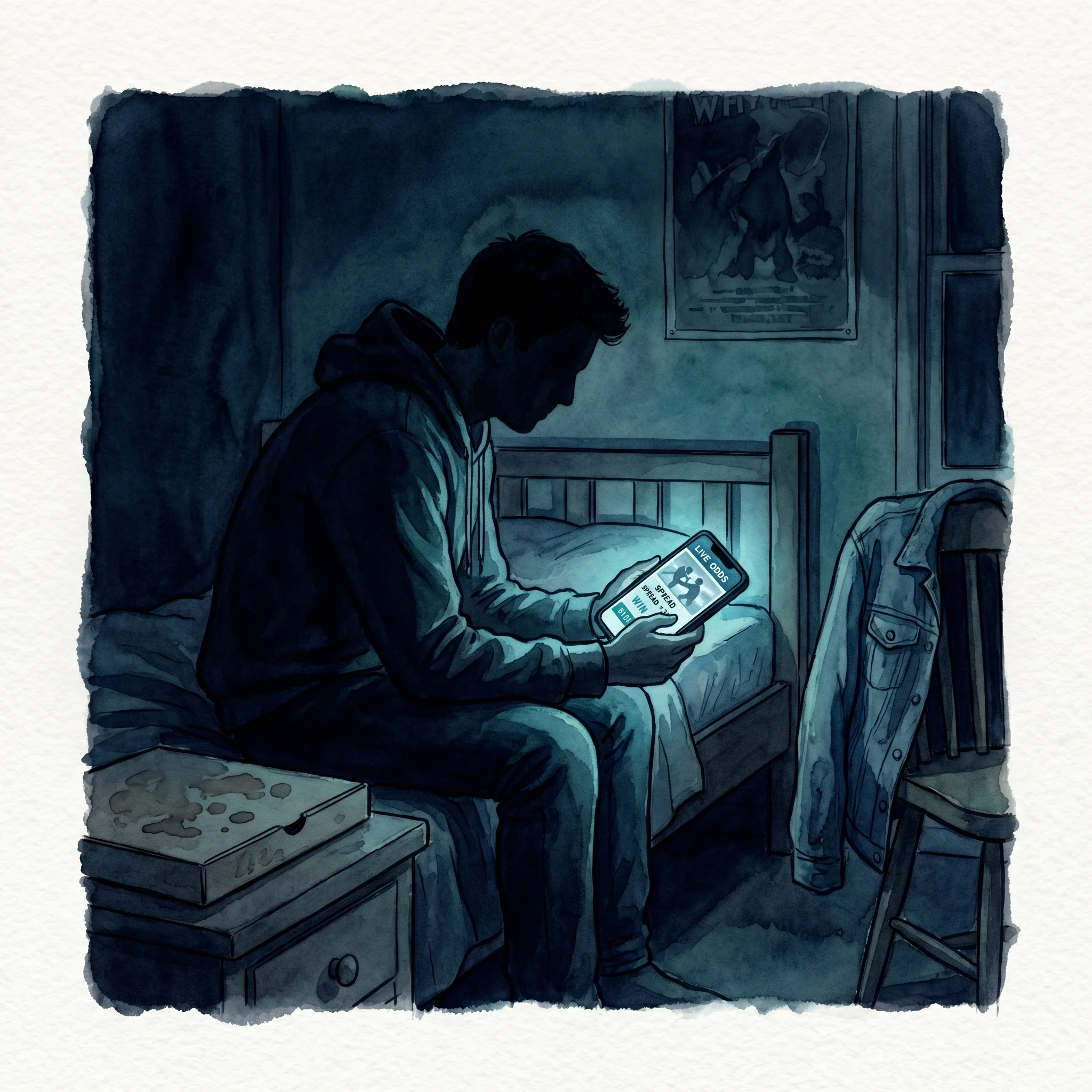 A young adult, maybe nineteen, sits on the edge of a bed in dim light checking a sports betting app on his phone. Same watercolor style as the first image, visual echo of the teenage gamer scene.