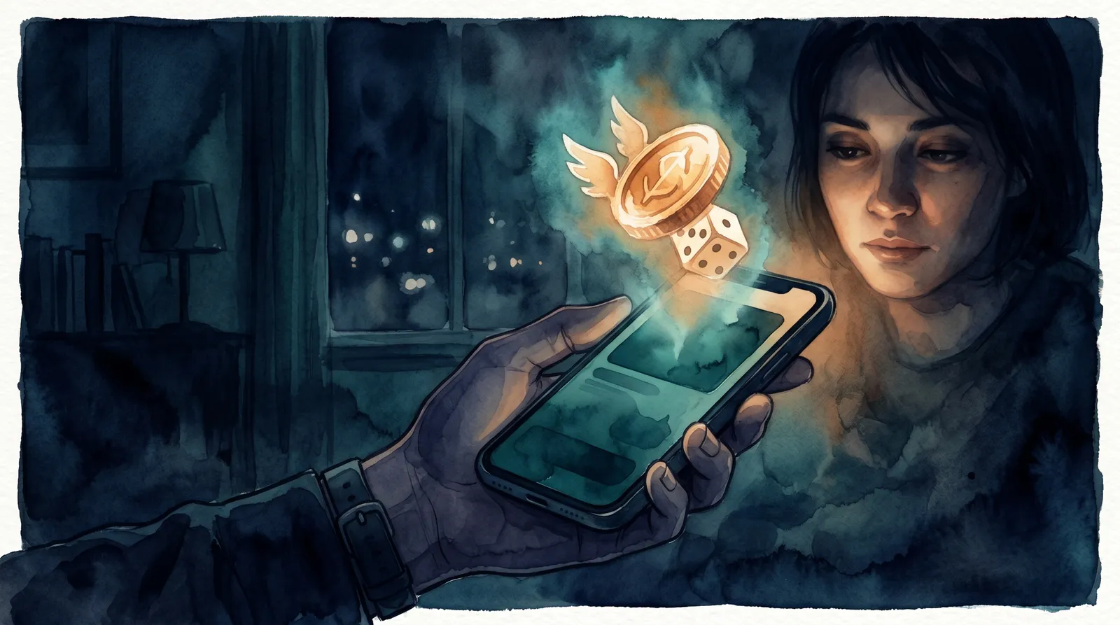 A hand holds a phone at night, its glow lighting a quietly unsettled face. A gold, winged coin and a die rise out of the screen and dissolve into the dark, as if a gambling temptation has escaped an ordinary payment app. Watercolor illustration in deep navy and teal tones.