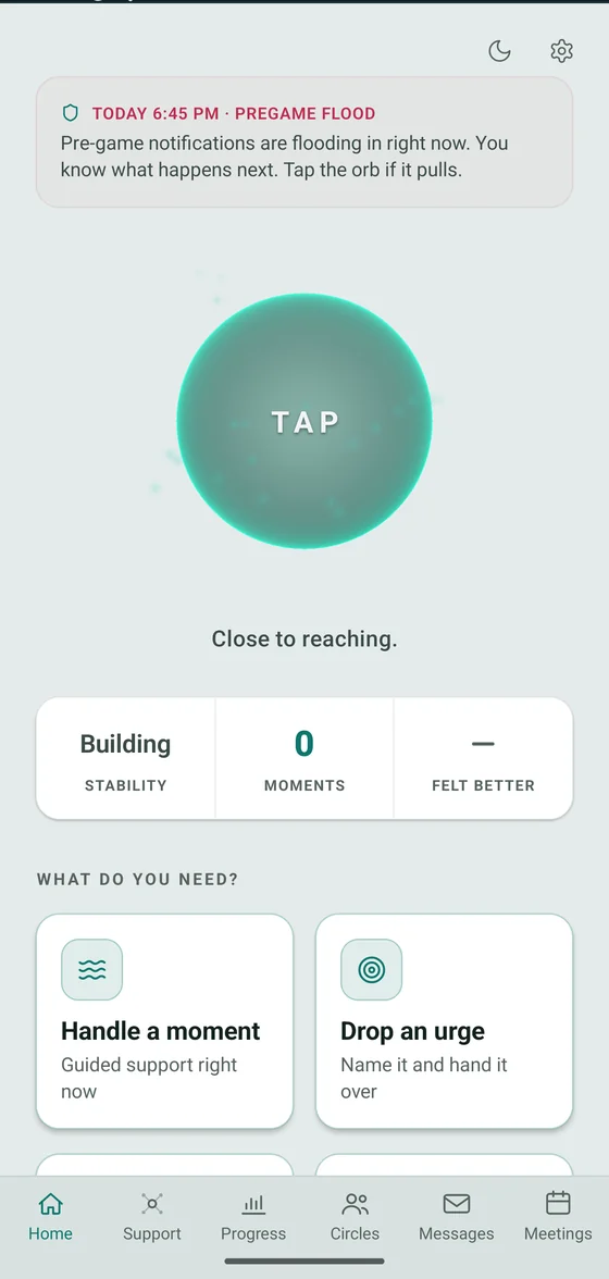 A guided urge-management screen with a glowing teal orb at the center