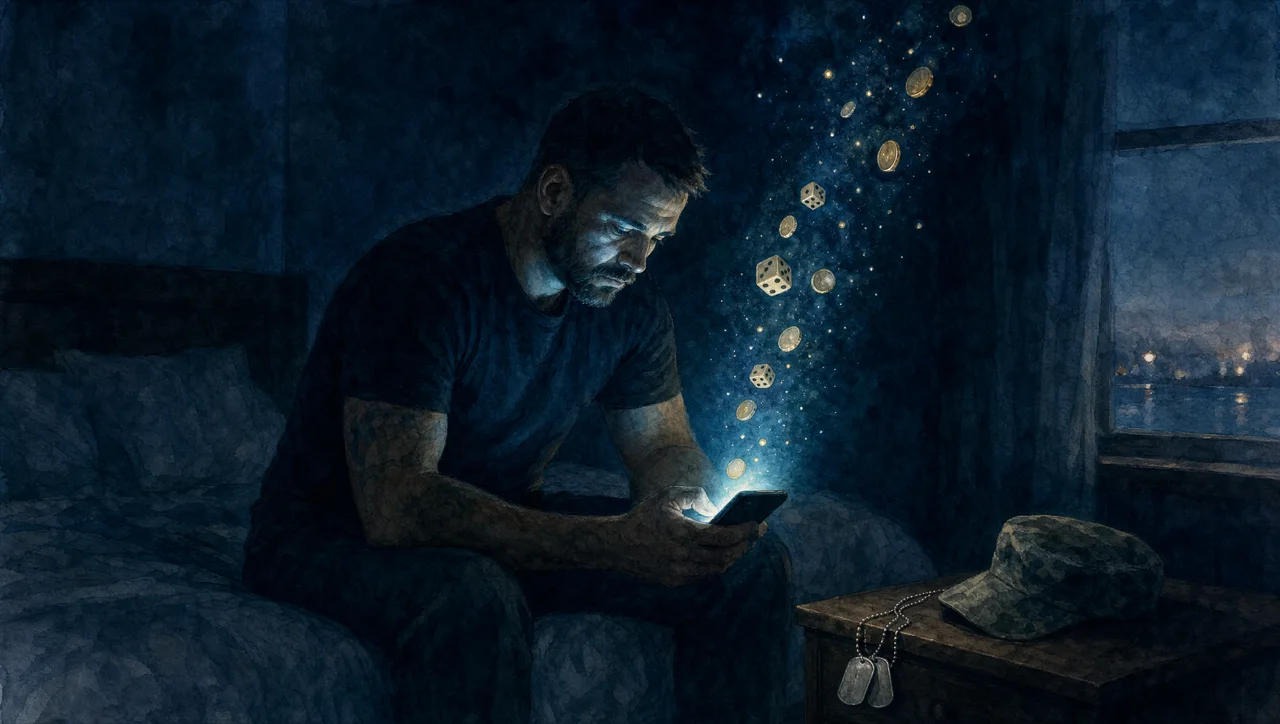A military veteran sits alone on the edge of a bed at night, his face lit by his phone, as glowing gold coins and dice rise from the screen and dissolve into the dark. A folded cap and dog tags rest on the nightstand. Watercolor illustration in deep navy and teal tones.