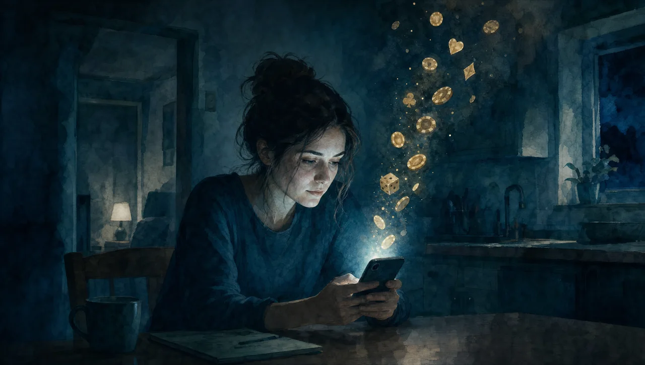 A woman sits alone at a kitchen table late at night, her face lit by her phone, as glowing gold coins and casino symbols rise from the screen and dissolve into the dark. Watercolor illustration in deep navy and teal tones.